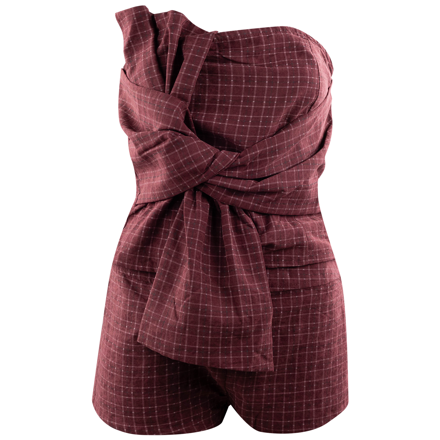 A strapless top in a dark burgundy with a fine white plain grid pattern, featuring a knotted wrap-style bodice and matching shorts.
