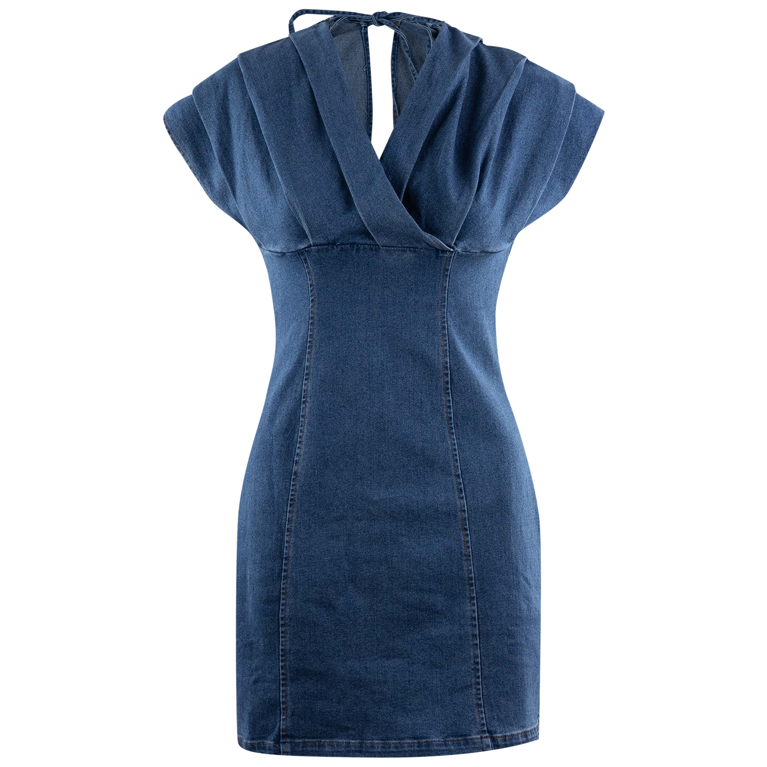 A blue denim mini dress with a wrap-style cowl neckline, cap sleeves, and a tie-back detail at the back, shown against a plain white background.