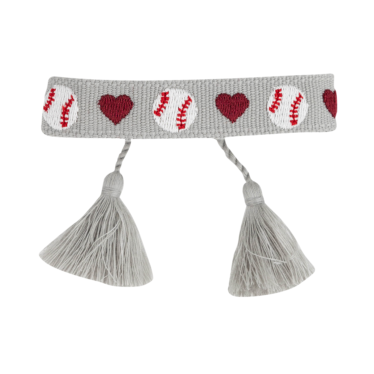 Gray embroidered bracelet with baseballs and hearts