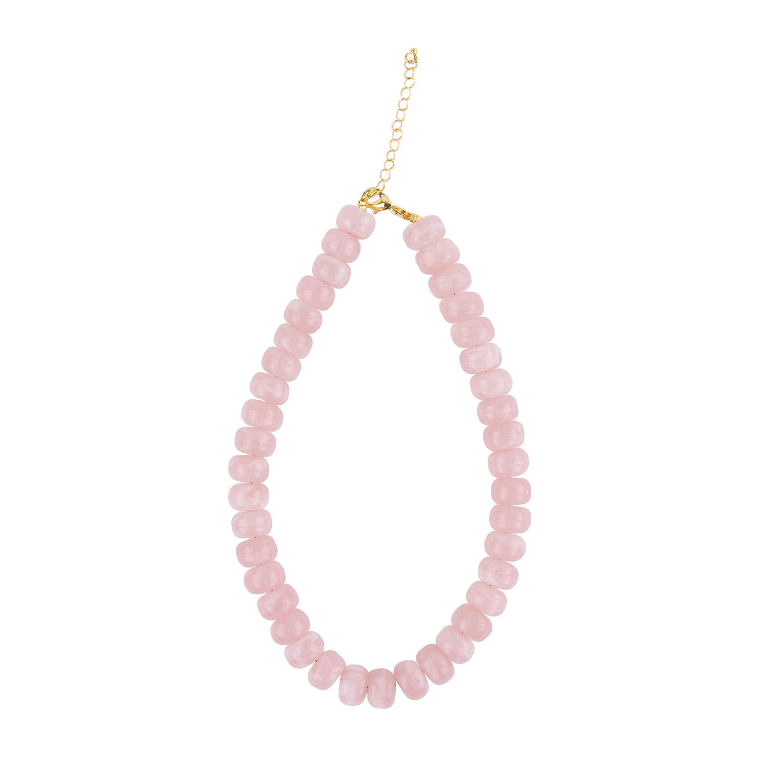 A pink beaded necklace made of faceted round beads, featuring a gold clasp and extension chain, shown on a plain white background.