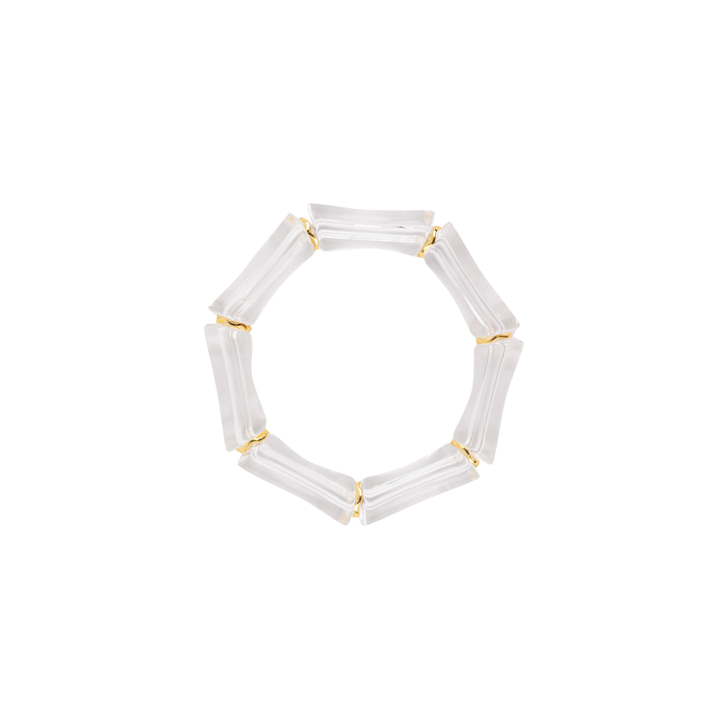 A clear segmented stretch bracelet with small gold metal connectors, shown on a plain white background.