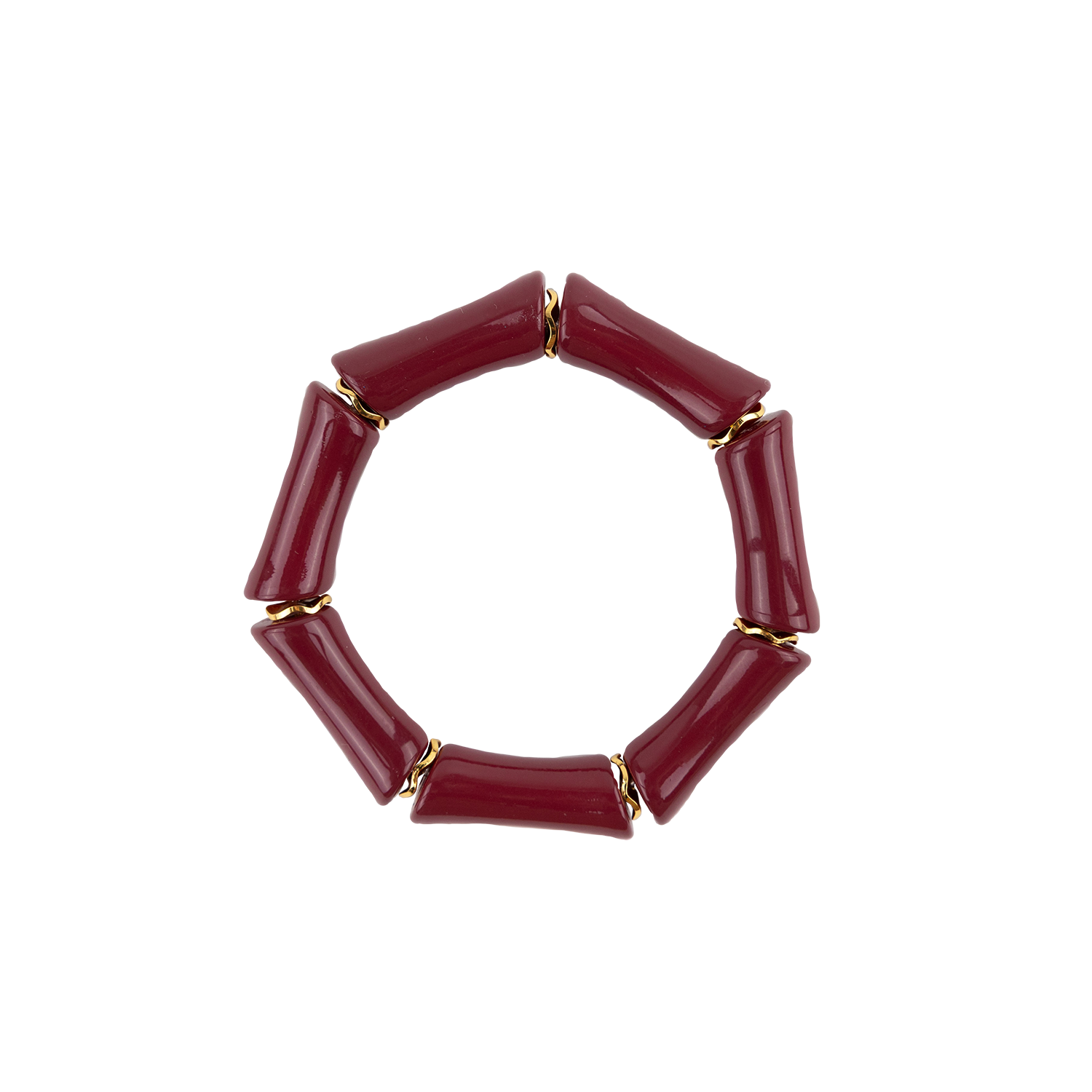 A stretch bracelet made of glossy, cylindrical maroon bamboo shape beads separated by small gold metal spacers, shown on a plain white background.