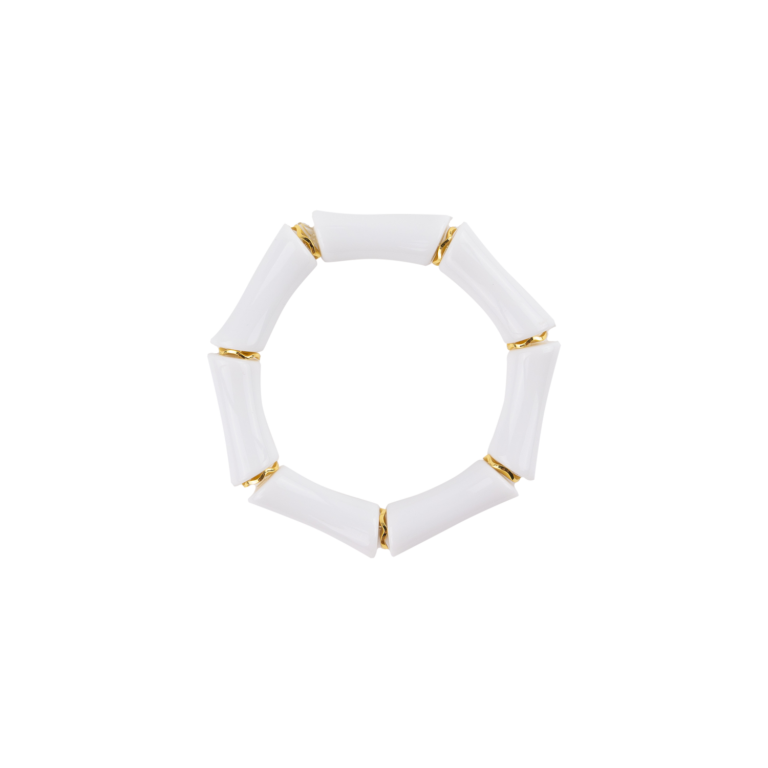 White segmented stretch bracelet with gold beading.