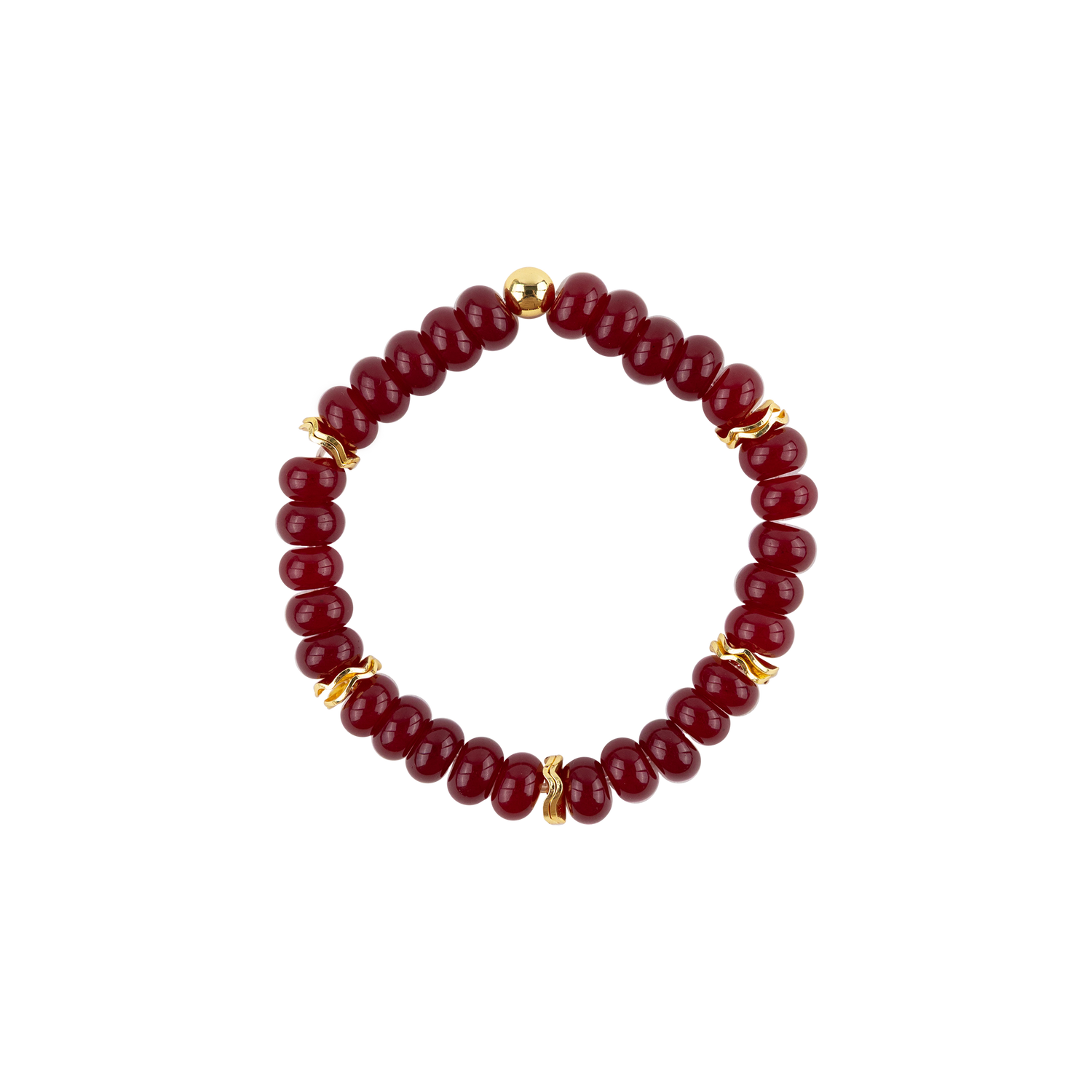 A beaded stretch bracelet featuring deep maroon faceted beads separated by small gold spacer beads, shown on a plain white background.