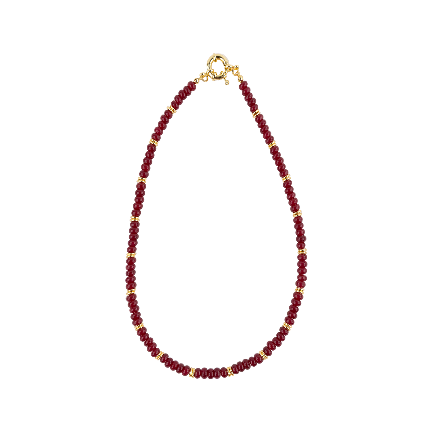 A beaded necklace featuring maroon faceted beads separated by small gold spacer beads, completed with a gold clasp, shown on a plain white background.