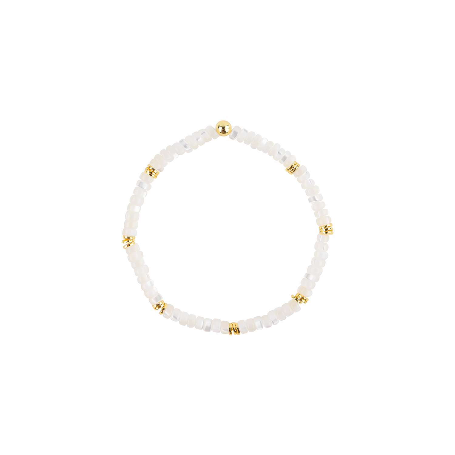 A delicate beaded stretch bracelet made of small white faceted beads with alternating polished gold spacer beads, shown on a plain white background.