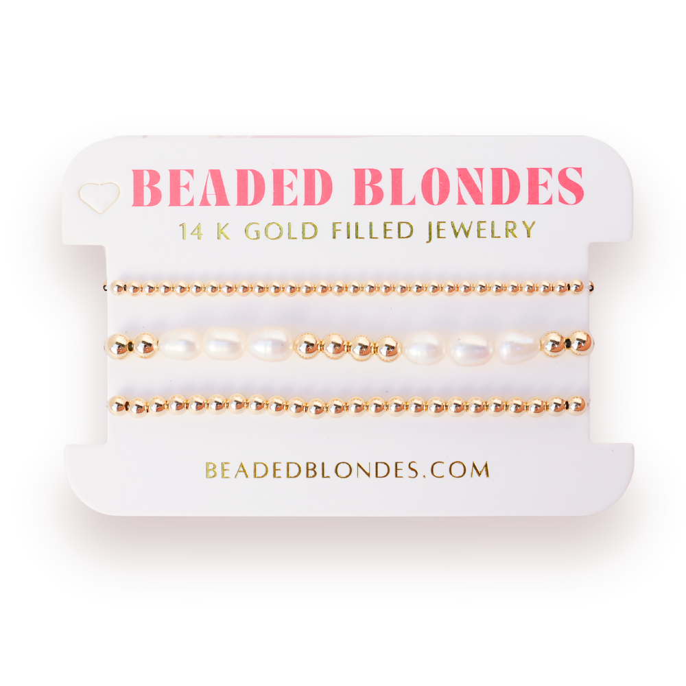 Gold and Pearl Beaded 3 Stack Bracelet