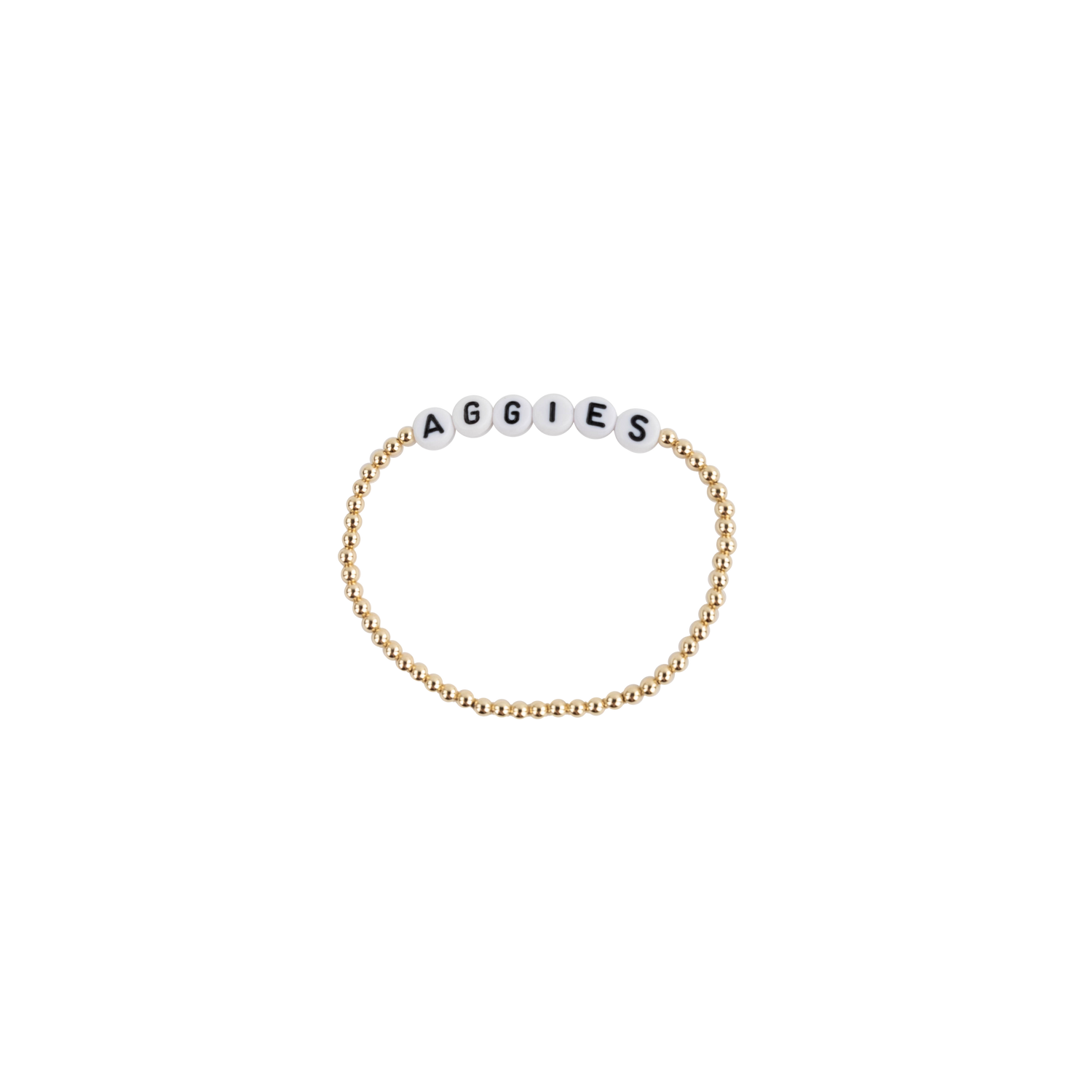 Gold beaded bracelet with 'AGGIES' beads