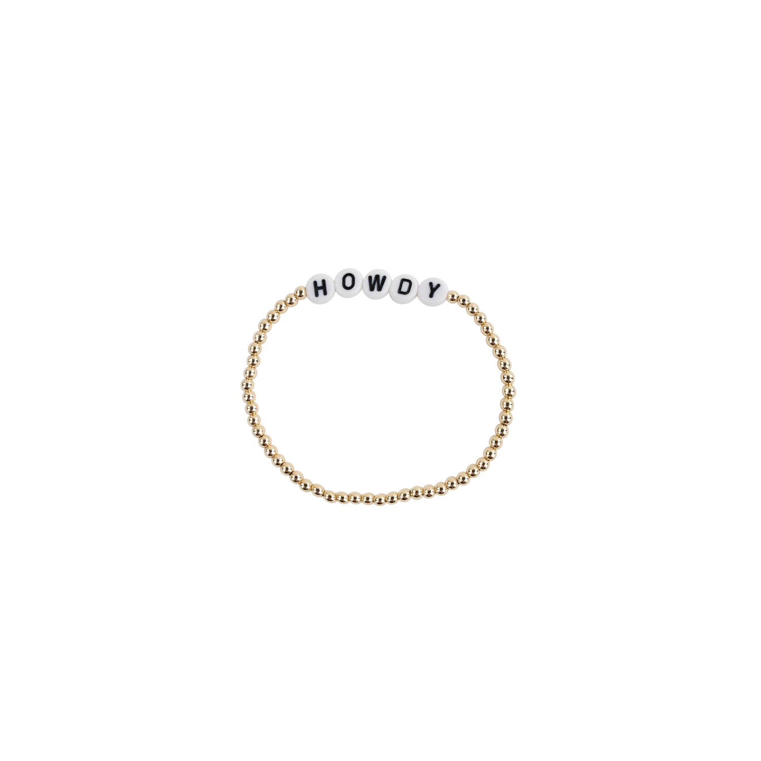 Gold Beaded Bracelet with white charms spelling out HOWDY