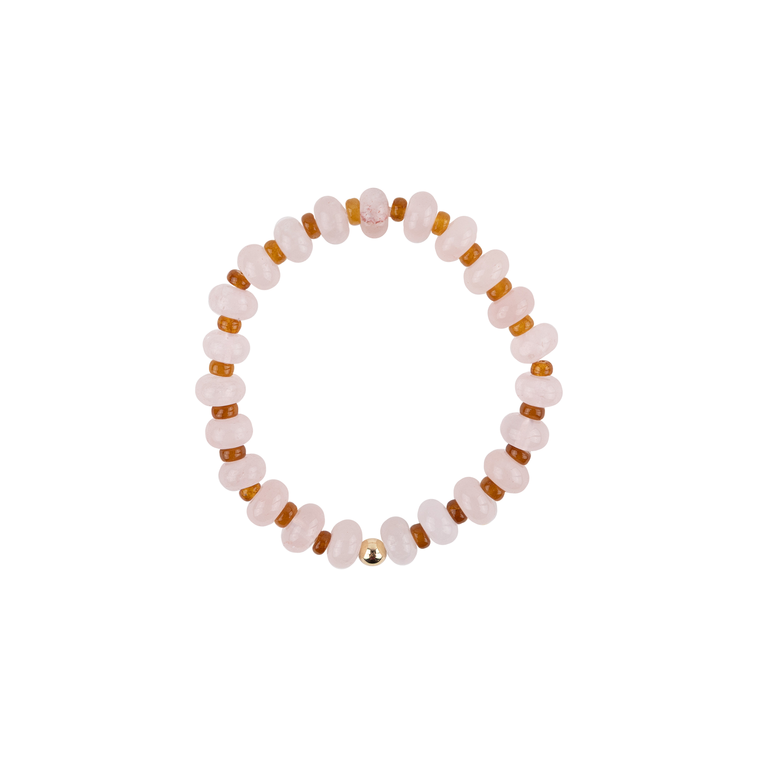 A beaded stretch bracelet featuring pale pink beads and small amber-brown spacer beads, with a single gold bead at the bottom center, shown on a plain white background.
