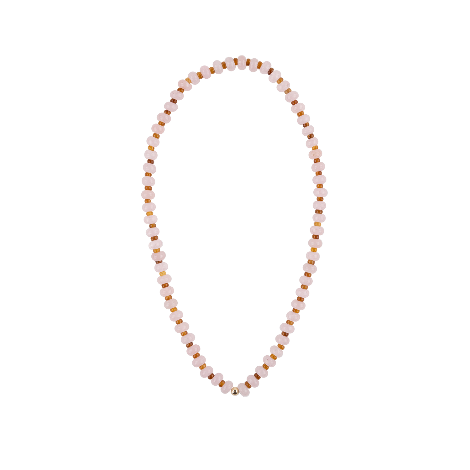 A delicate beaded necklace composed of small faceted beads in soft pink and light brown tones, arranged in an oval shape against a solid white background.