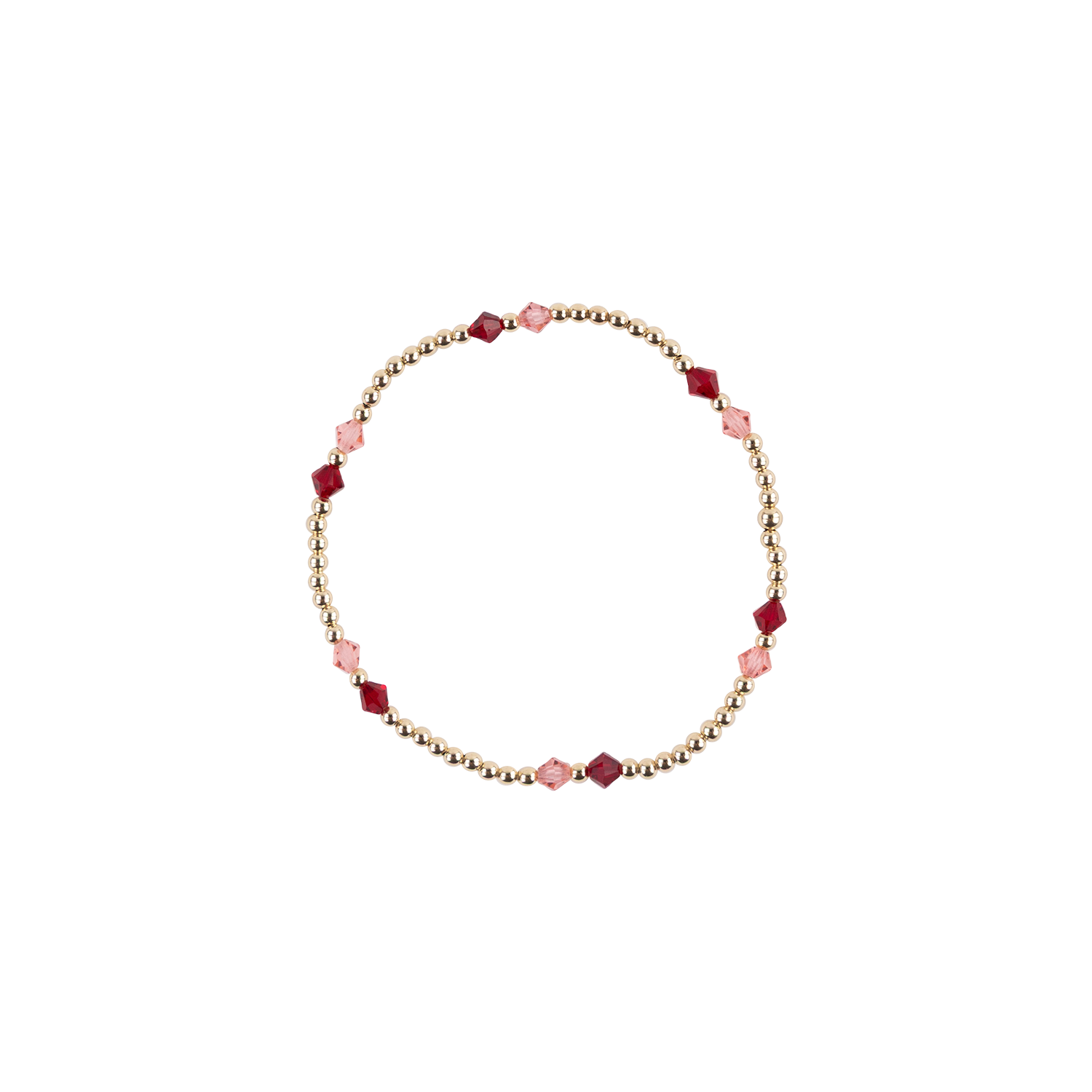 A delicate beaded bracelet with small gold-toned beads and alternating faceted maroon and light pink diamond-shaped beads, shown on a plain white background.