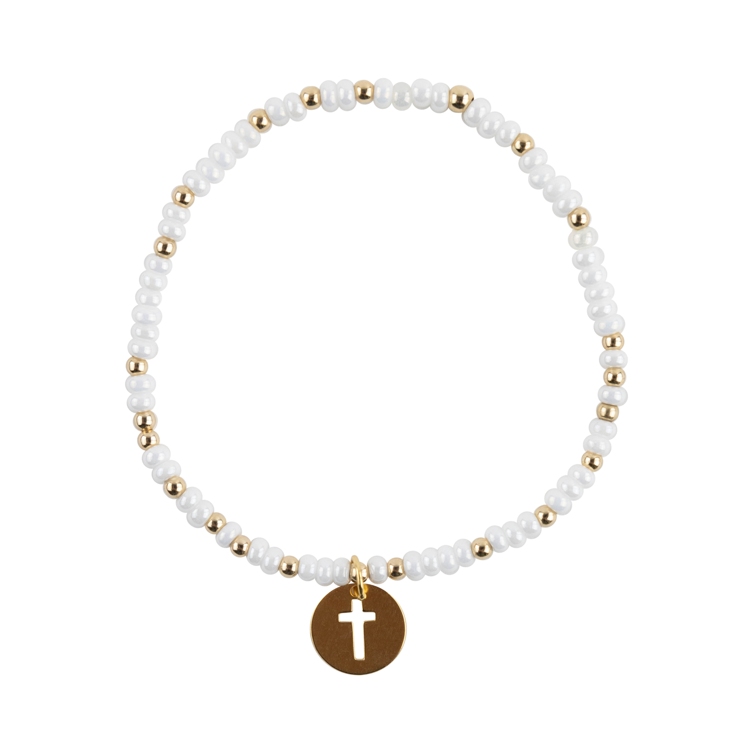 White beaded Texas A&M bracelet featuring gold-tone accent beads and a round gold cross pendant.