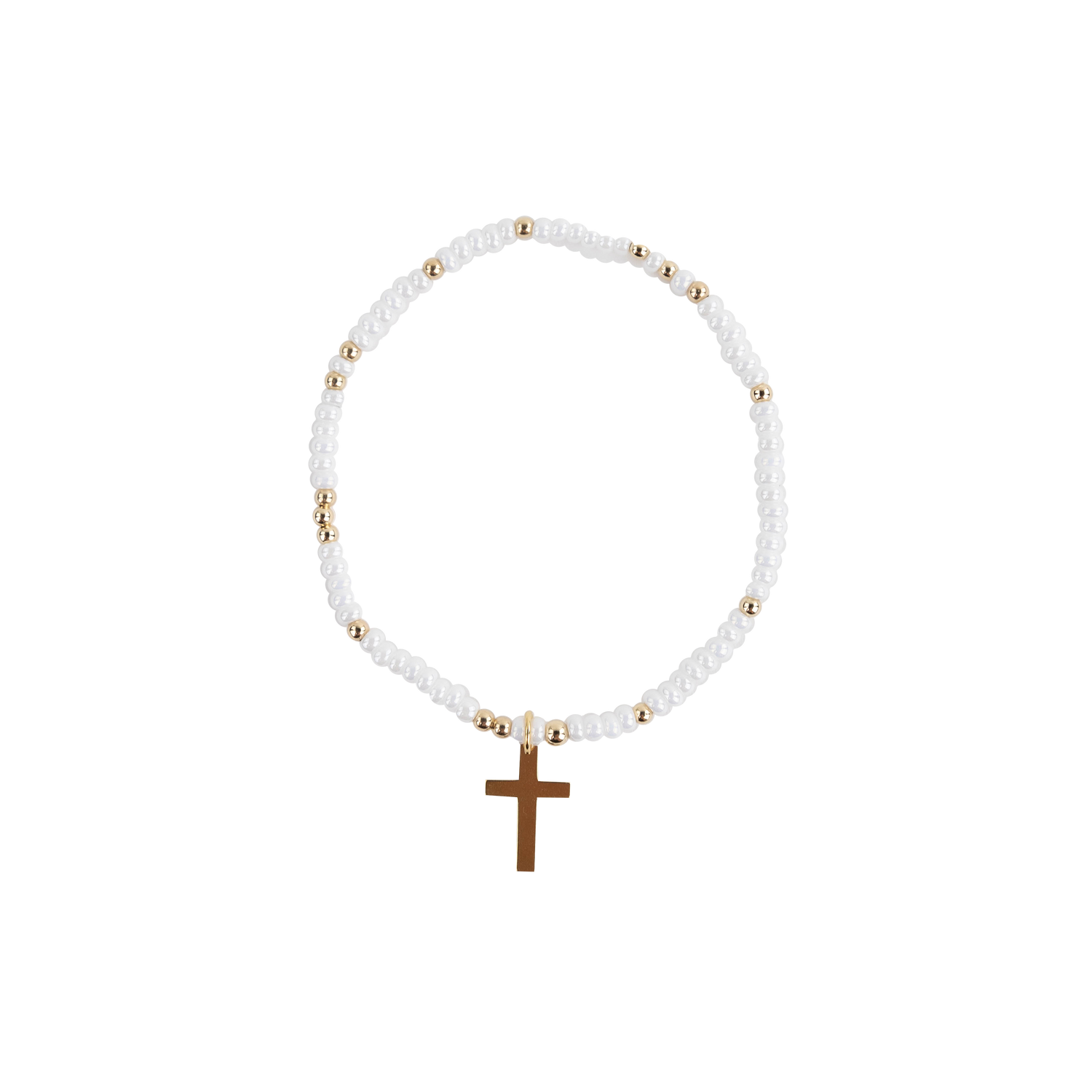 White and Gold Beaded Bracelet with Gold Cross