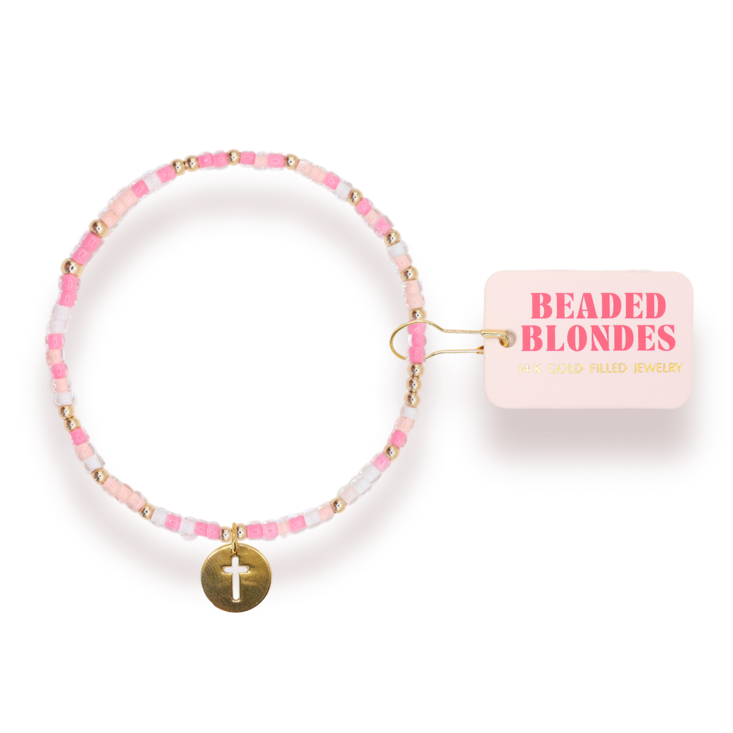 Pink, White, and Gold Beaded Cross Charm Sprinkle Bracelet