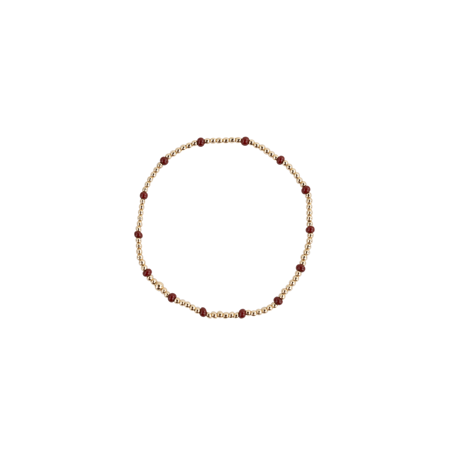 Bracelet with maroon and gold beads on a white background