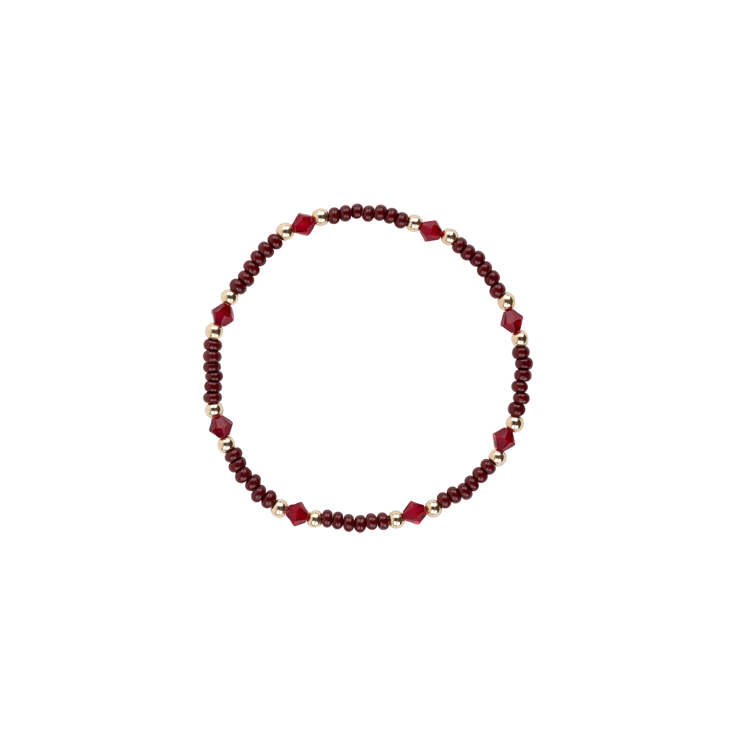 A beaded stretch bracelet featuring dark maroon faceted beads and small gold spacer beads, arranged in a circular shape on a plain white background.