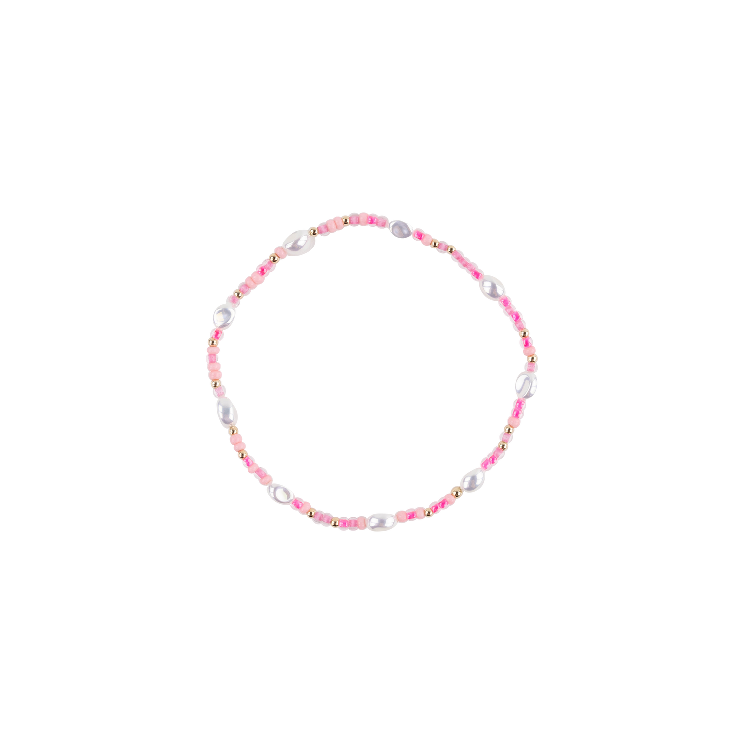 A delicate beaded necklace with pink faceted beads, white baroque pearls, and small gold spacer beads, arranged in a circle on a solid white background.