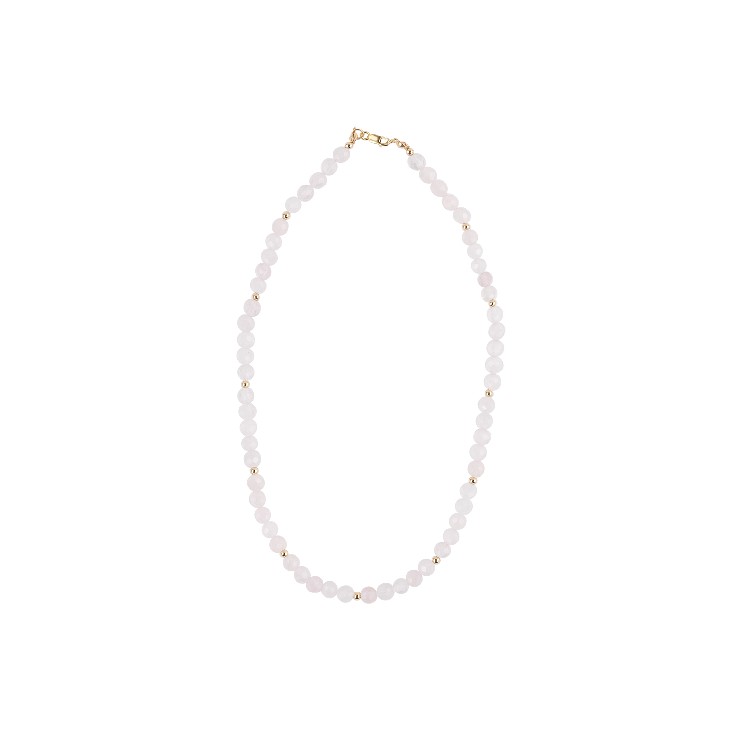 A delicate beaded necklace composed of small, pale pink faceted beads with tiny gold spacer accents and a gold clasp, shown on a plain white background.