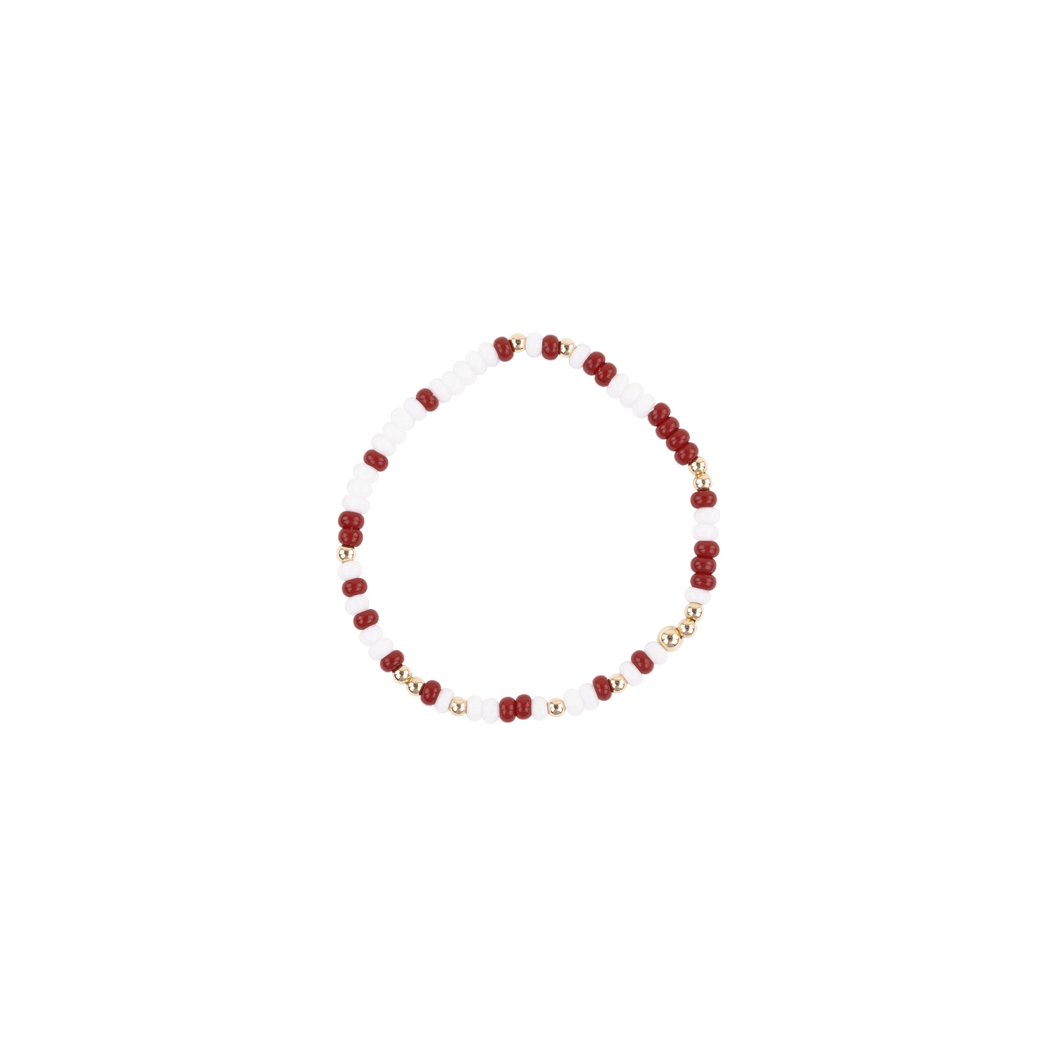 Bracelet with maroon white and gold beads.
