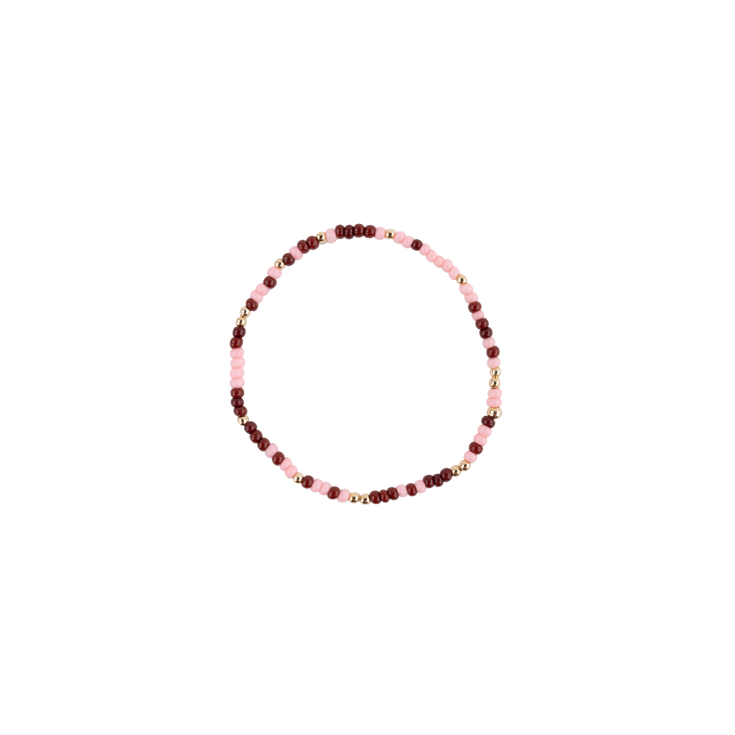A beaded stretch bracelet featuring light pink round beads, dark maroon faceted beads, and small metallic gold spacer beads, arranged in a circular shape against a plain white background.