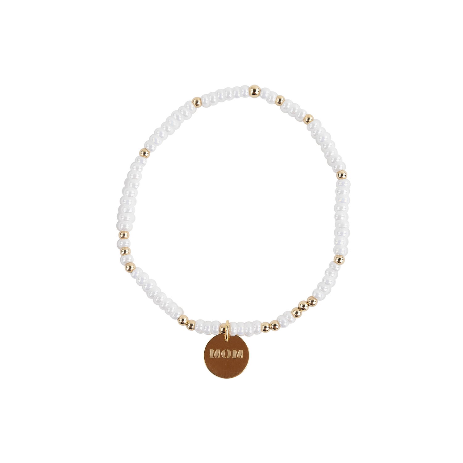 White beaded bracelet with gold accents and a 'MOM' charm