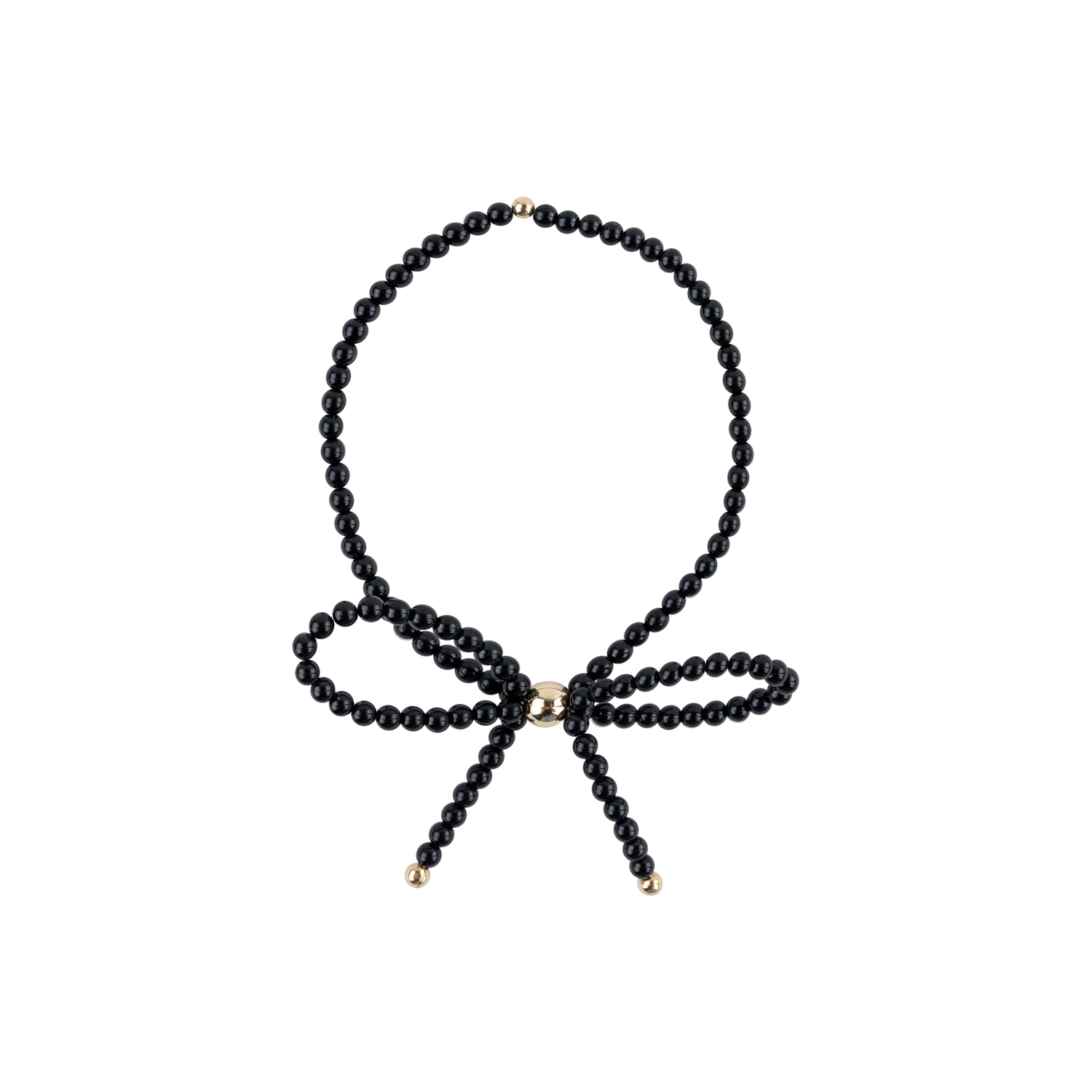 A black beaded necklace arranged in a loop with a bow at the center, accented by small gold-toned beads at the ends and a gold-toned clasp.
