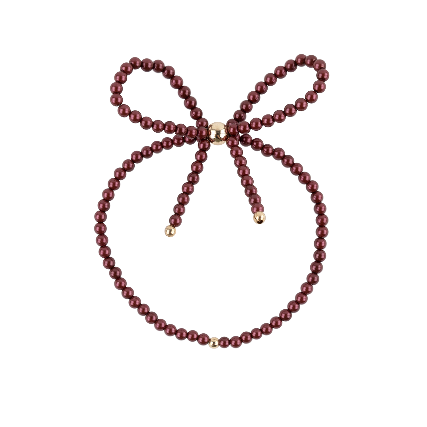 A beaded bow necklace made of dark burgundy beads with small gold-toned accent beads at the center and ends, shown on a plain white background.