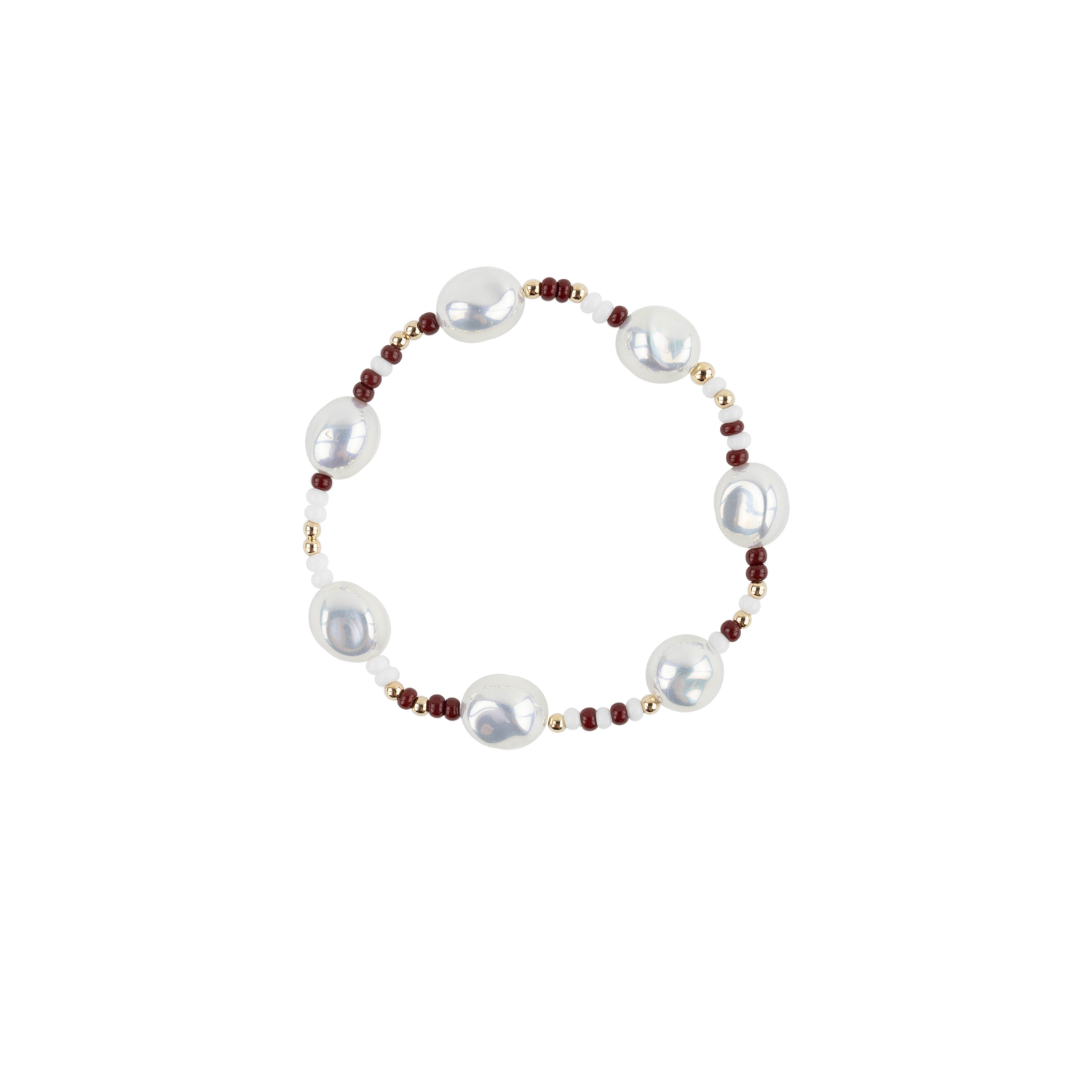 A beaded stretch bracelet featuring large white baroque pearls, small white beads, dark maroon beads, and tiny gold spacer beads, displayed on a clean white background.