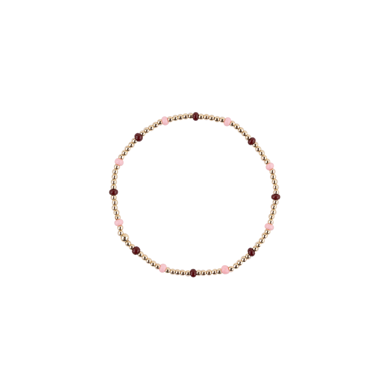 A delicate beaded stretch bracelet featuring alternating light pink faceted beads and small metallic gold beads, accented with dark burgundy round beads, shown on a plain white background.