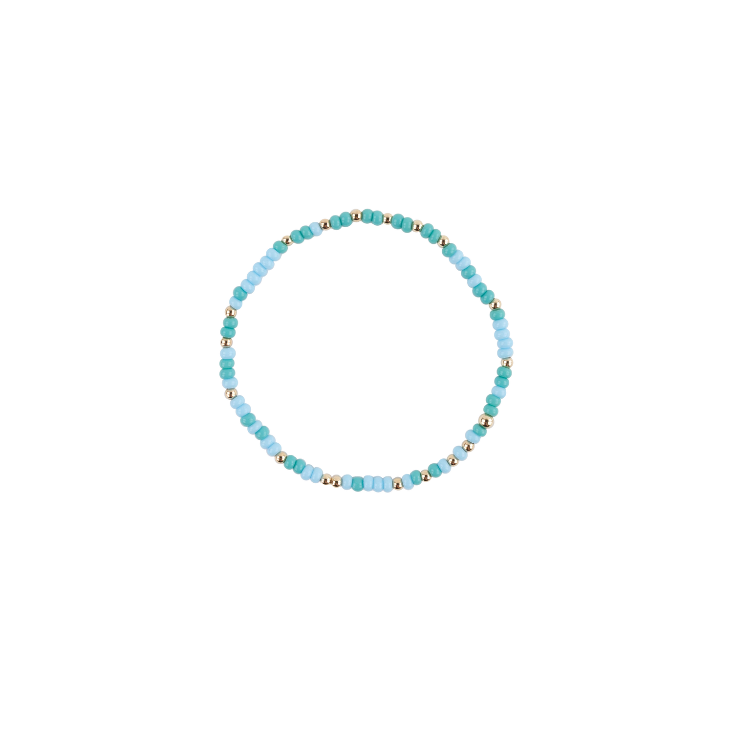 A beaded stretch bracelet featuring light blue and turquoise beads separated by small gold spacer beads, shown on a plain white background.