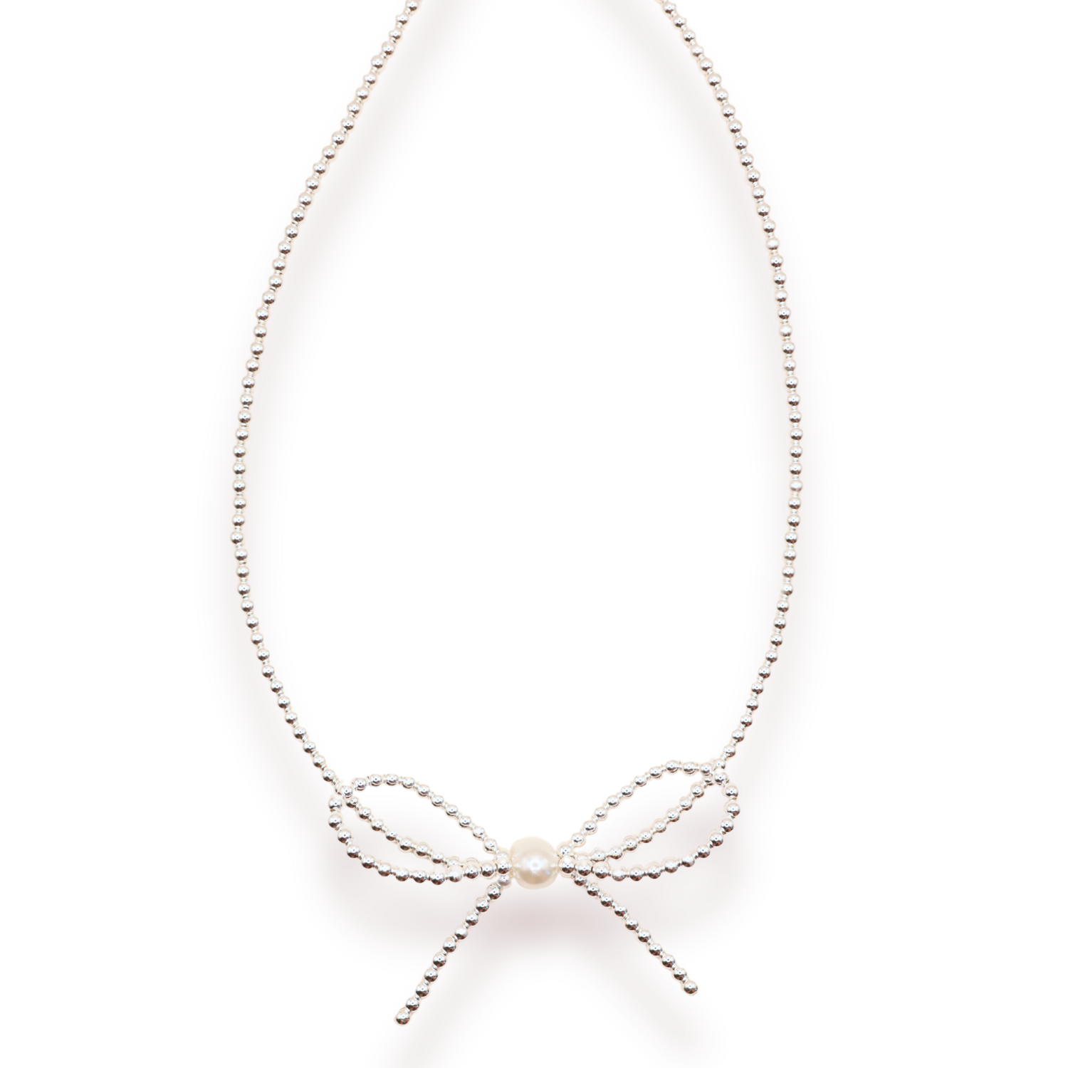 Silver Beaded Pearl Bow Necklace