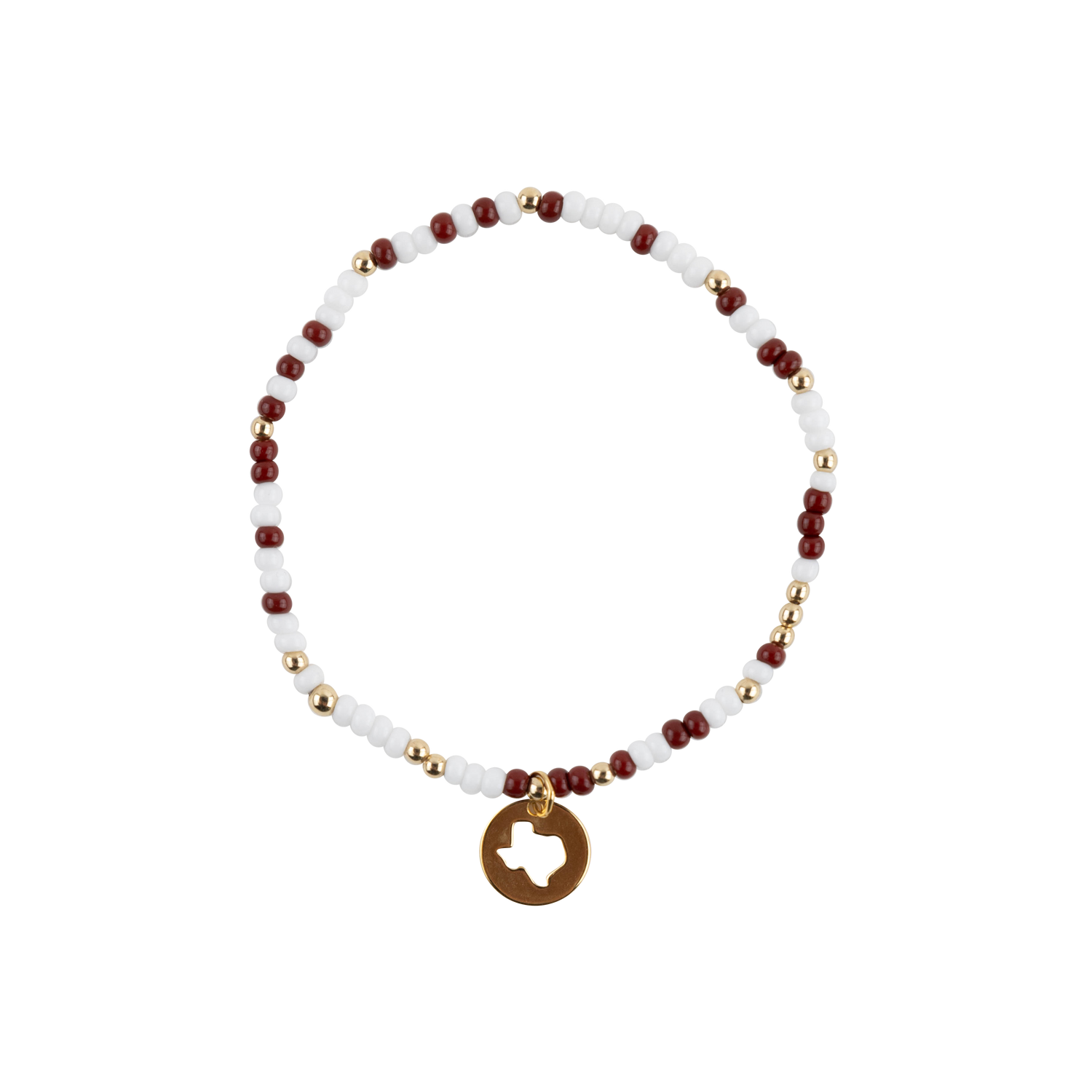 White and maroon beaded bracelet featuring gold-tone accent beads and a round gold Texas-shaped pendant.