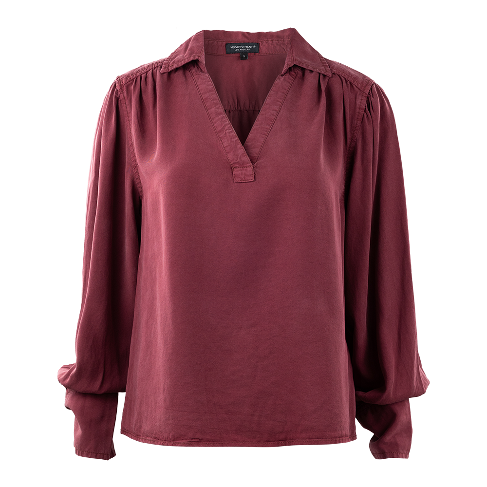 Maroon long sleeve blouse with a v-neck cut.