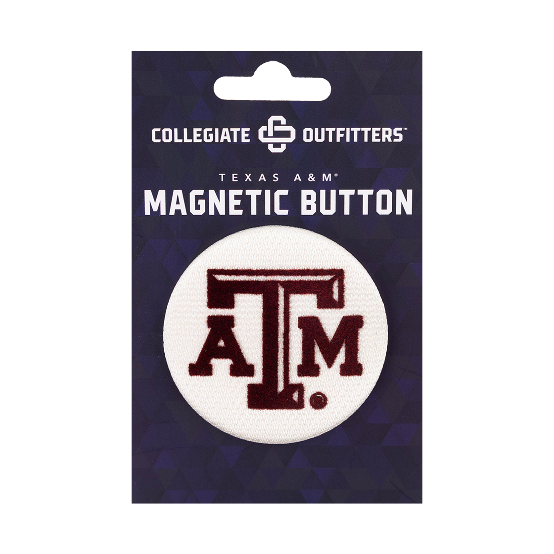 Embroidered white button with beveled, maroon ATM logo.