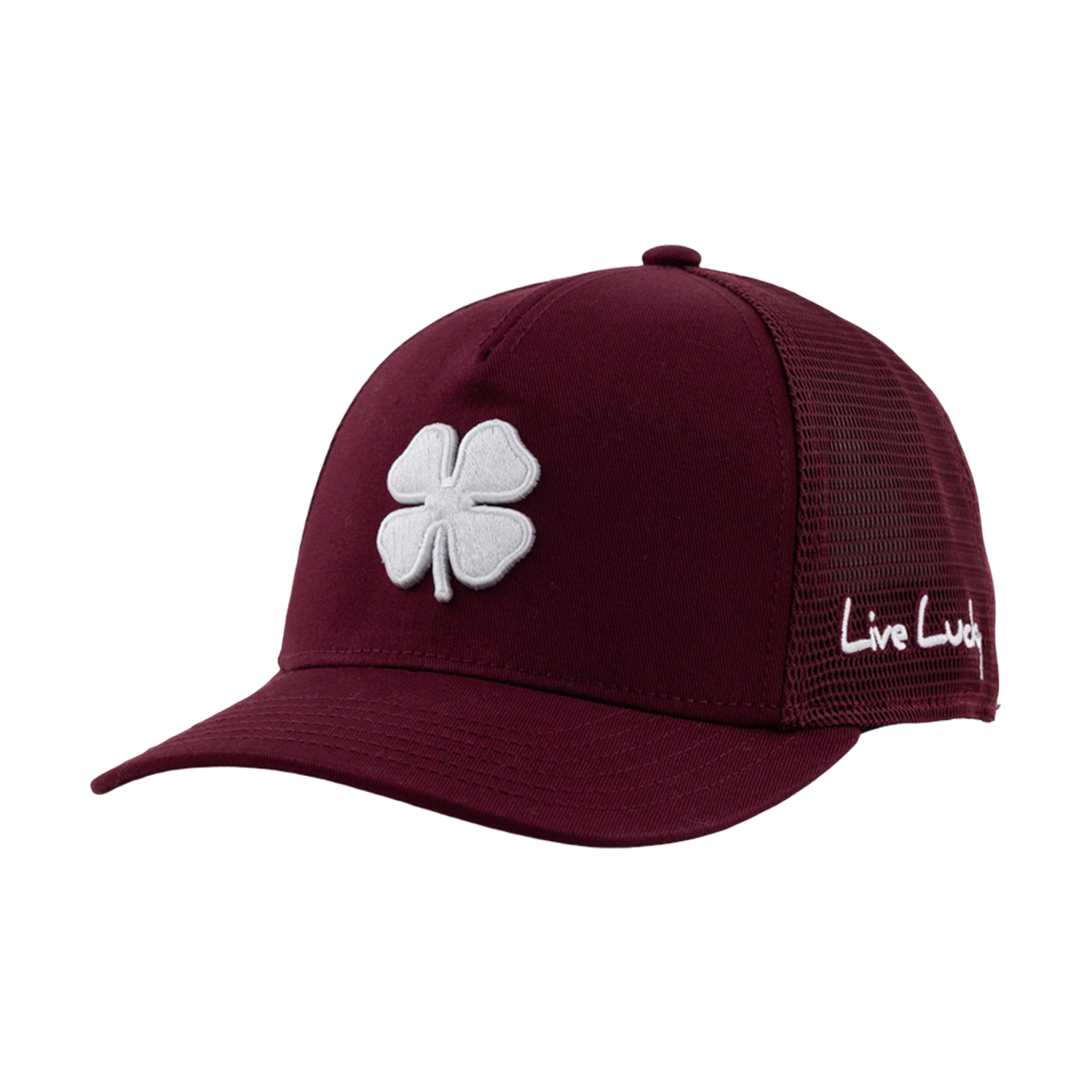 A maroon trucker hat featuring a large white four-leaf clover embroidered on the front, maroon mesh back panels, and white "Live Lucky" script text on the side.
