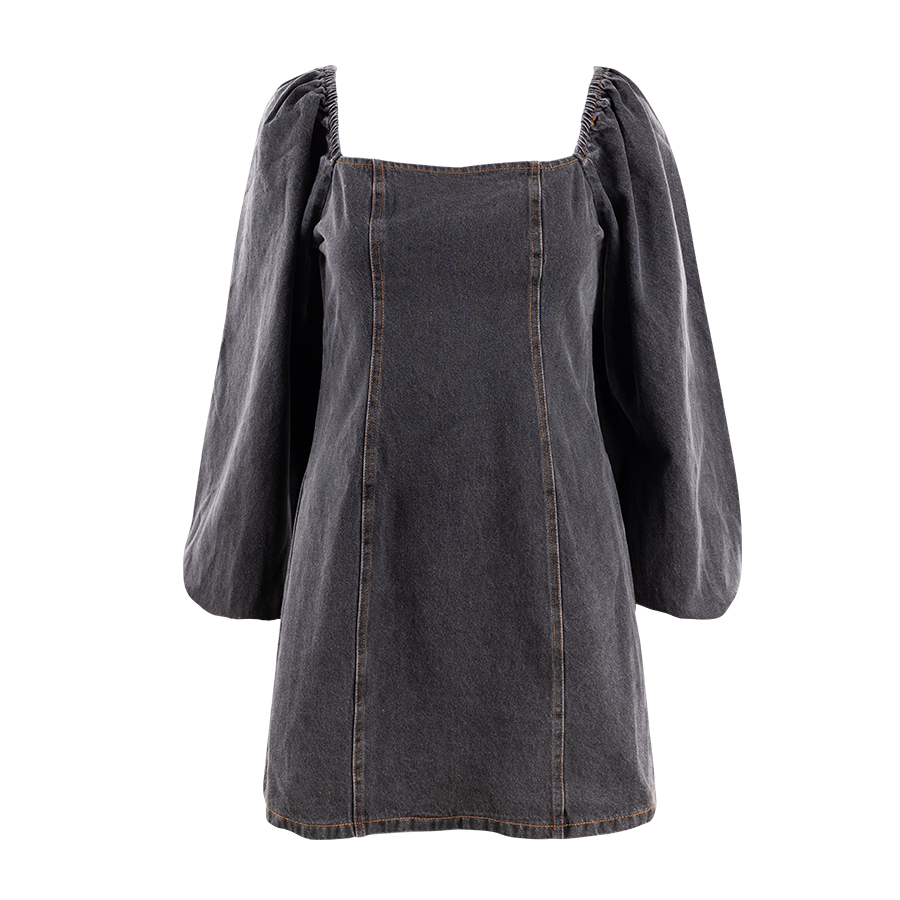 Black denim dress with long puff sleeves