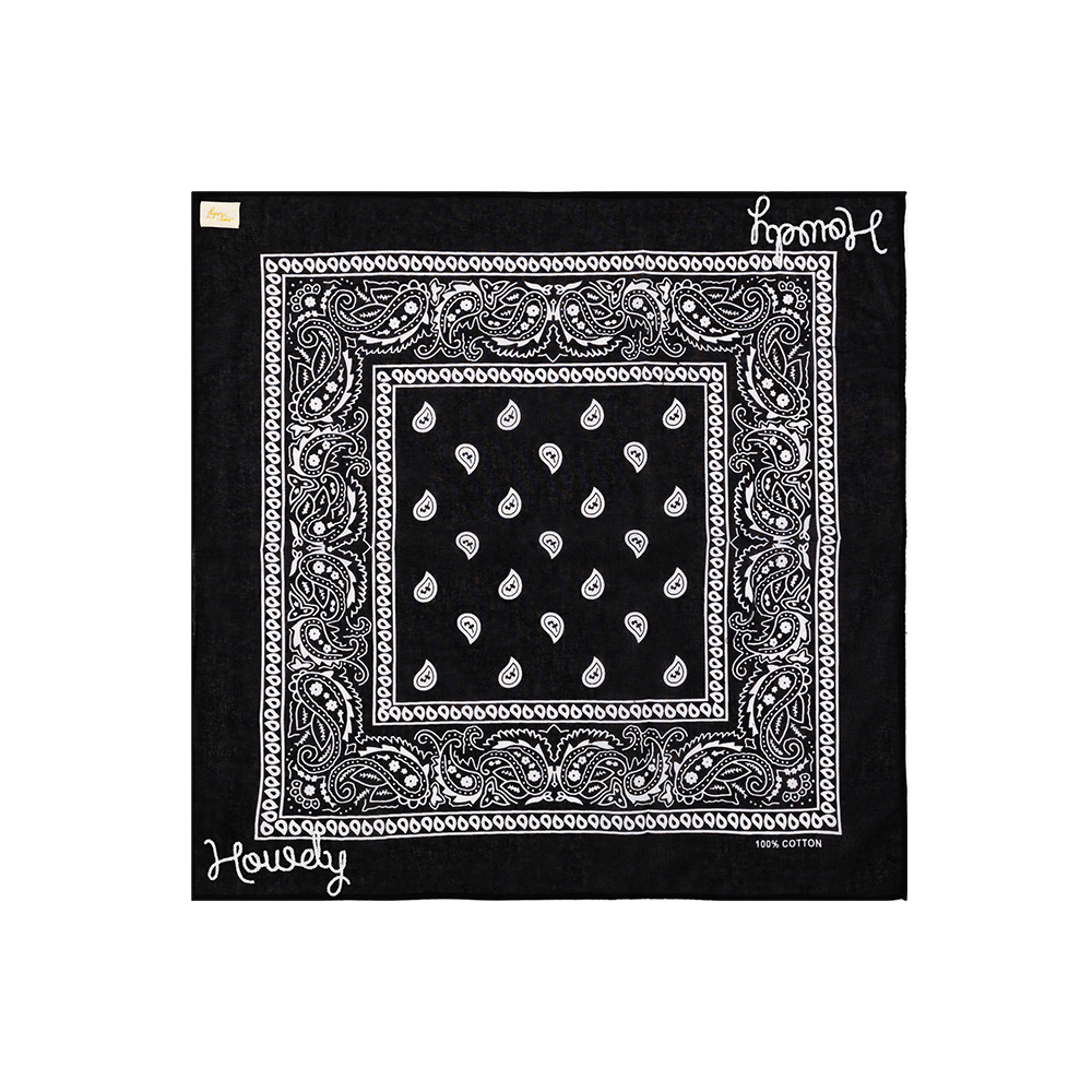 Black bandana with white paisley pattern. 