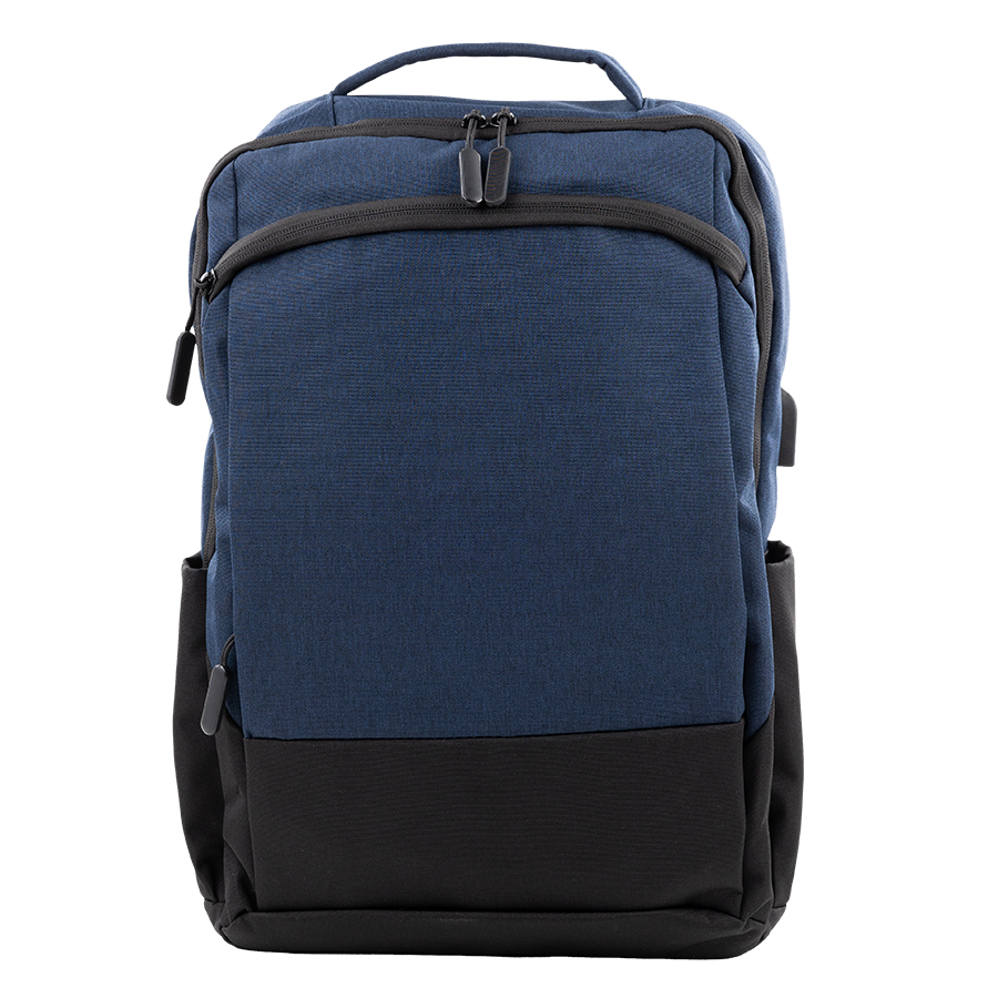 Blue backpack with charging ports.