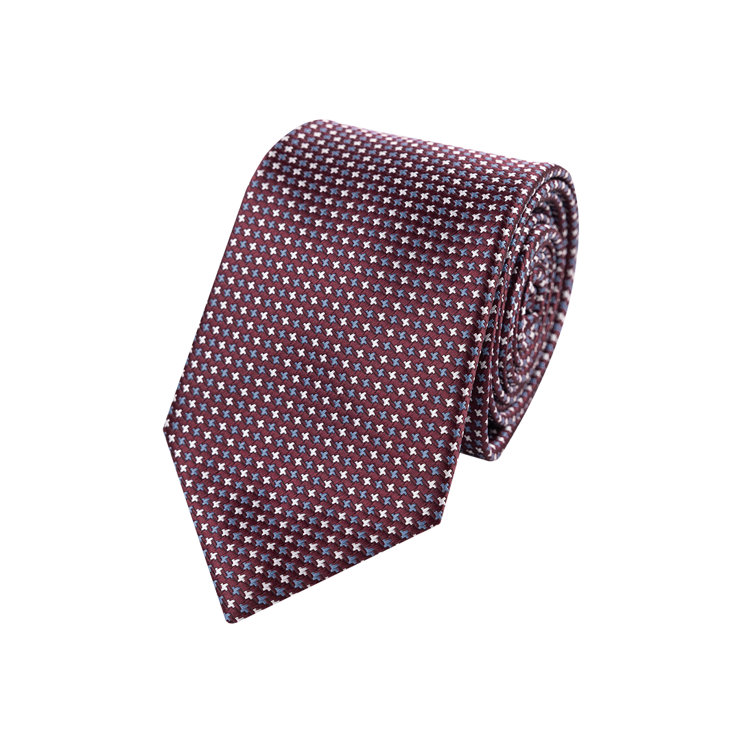 Maroon tie with small blue and white embroidered x-shaped dots. 