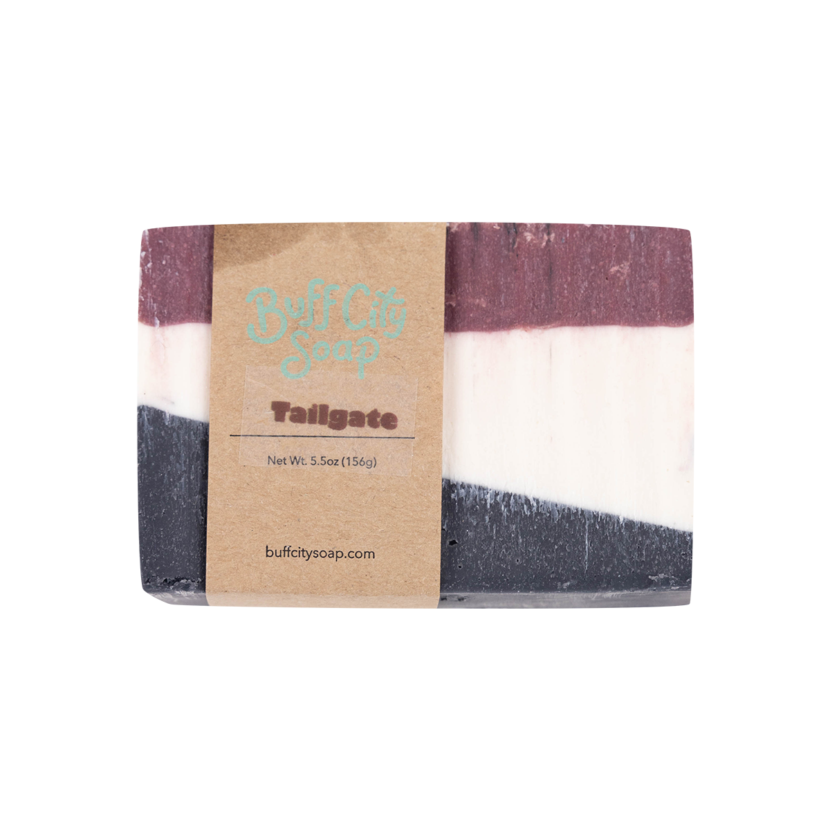 Bar of soap with a striped design on a cardboard label, featuring the brand 'Buff City Soap'.