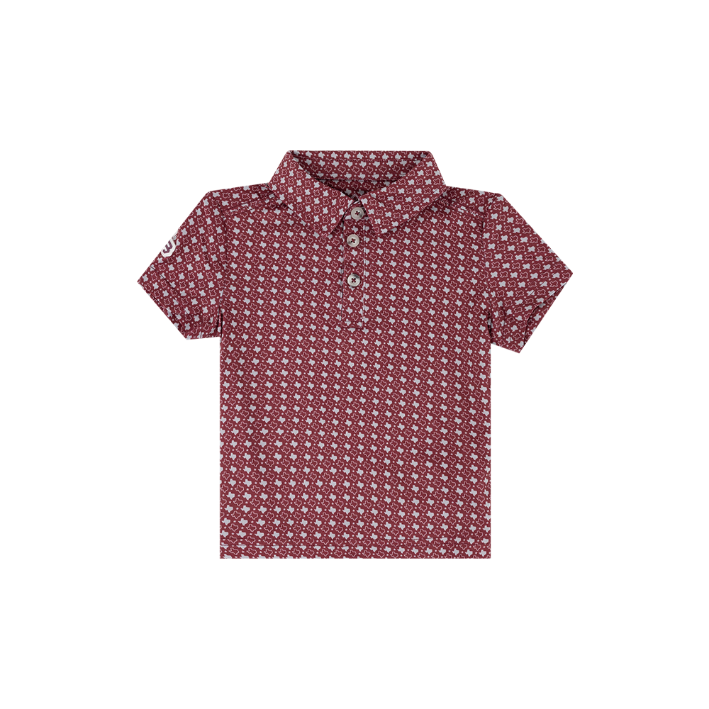 Maroon polo with small white Texas shapes all over.