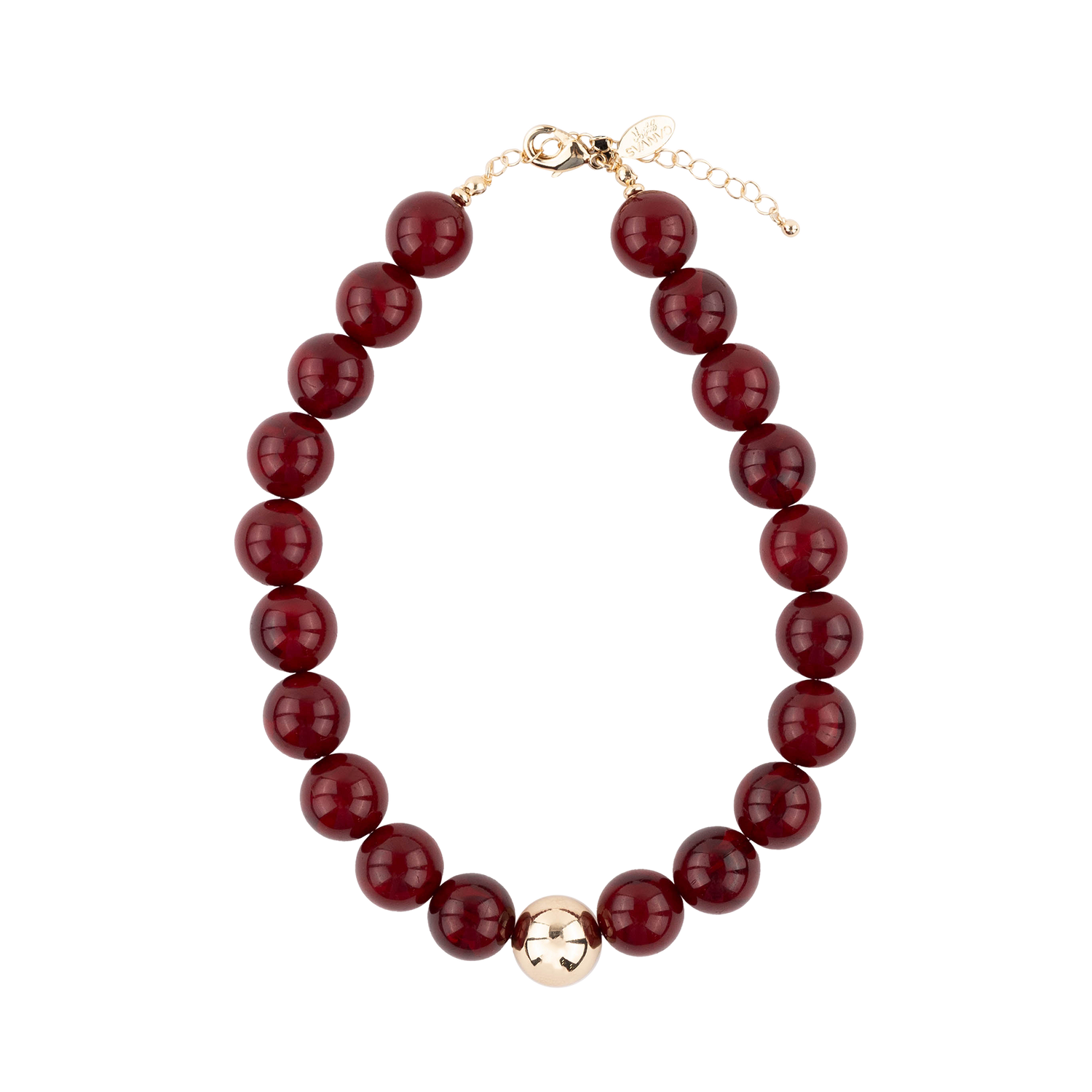 A beaded necklace featuring glossy maroon round beads, a single polished gold bead at the center, and a gold-tone clasp with an extender chain, shown on a plain white background.