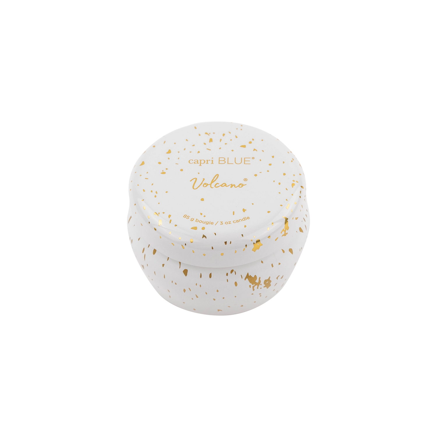 A small round white cosmetic jar with a lid, decorated with scattered gold foil flakes. The lid is printed with the brand name 'capri BLUE' and the shade name 'Volano'.