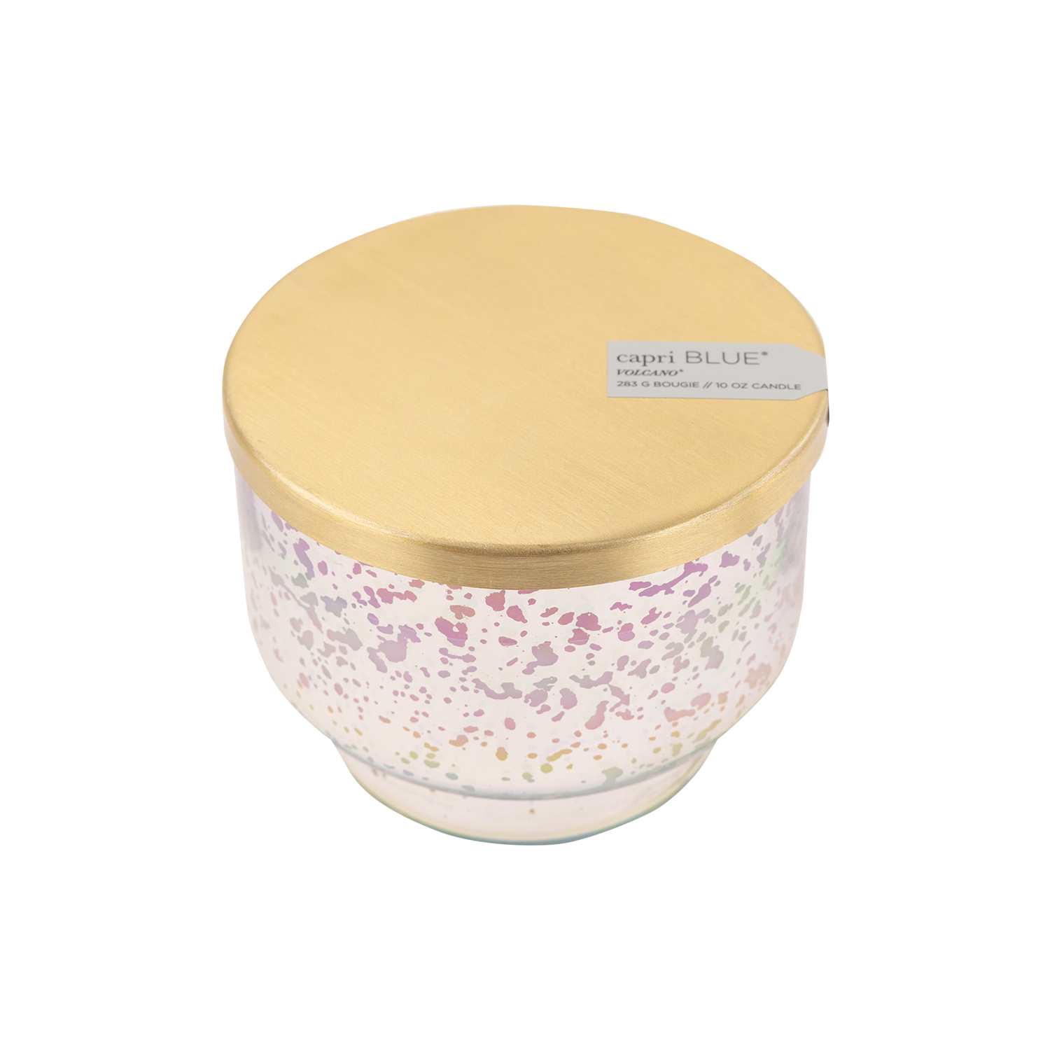 Iridescent white container with gold lid
