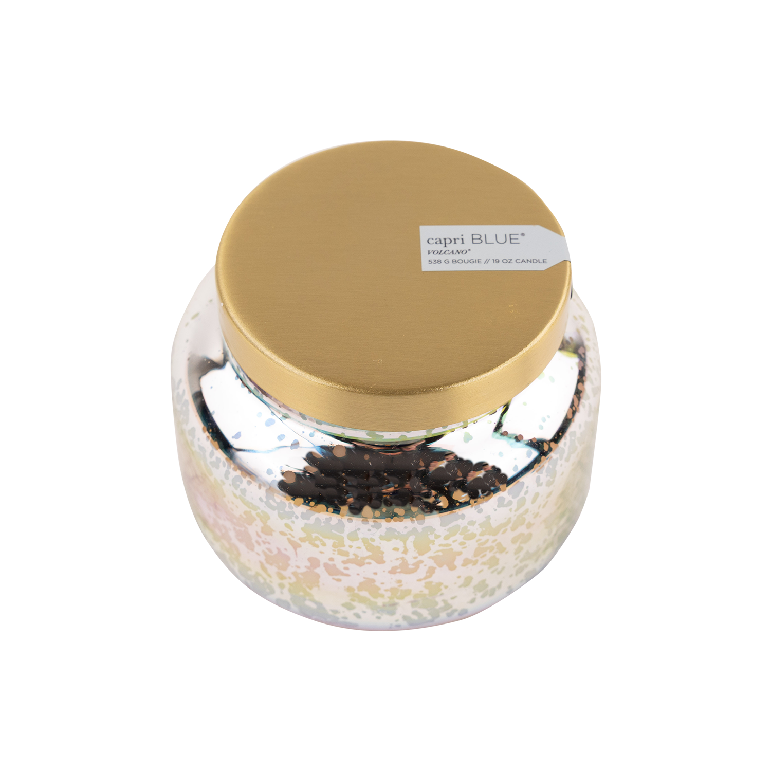 Iridescent white container with gold lid