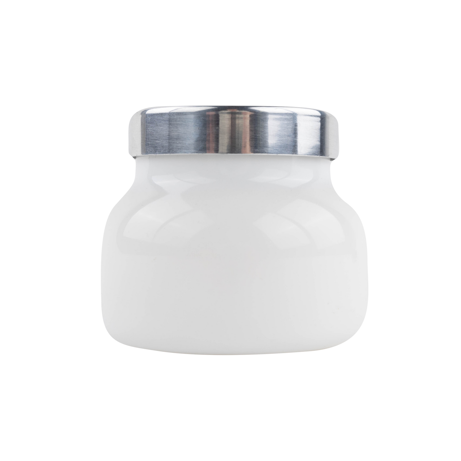 Capri Blue 8 oz Volcano Petite Candle in a white glass jar with a metallic silver lid and a round yellow-and-silver circular label on the front
