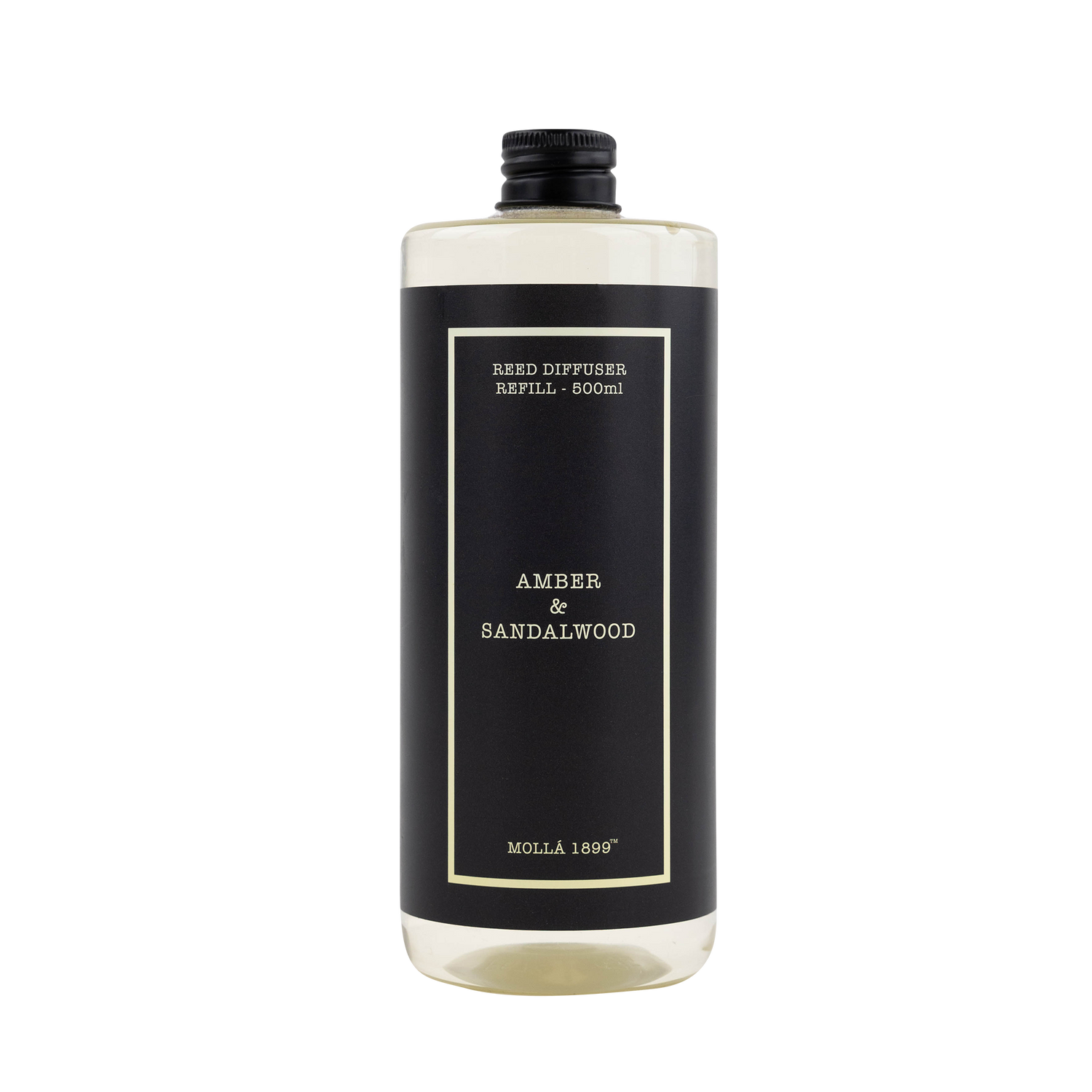 Reed diffuser refill bottle with black label