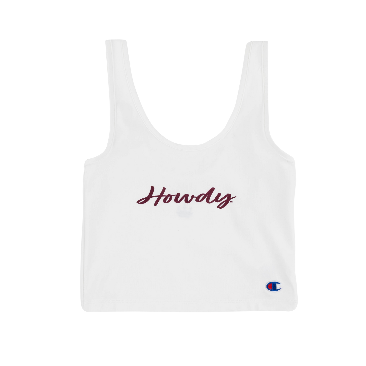 White tank top with 'Howdy' text and Champion logo 