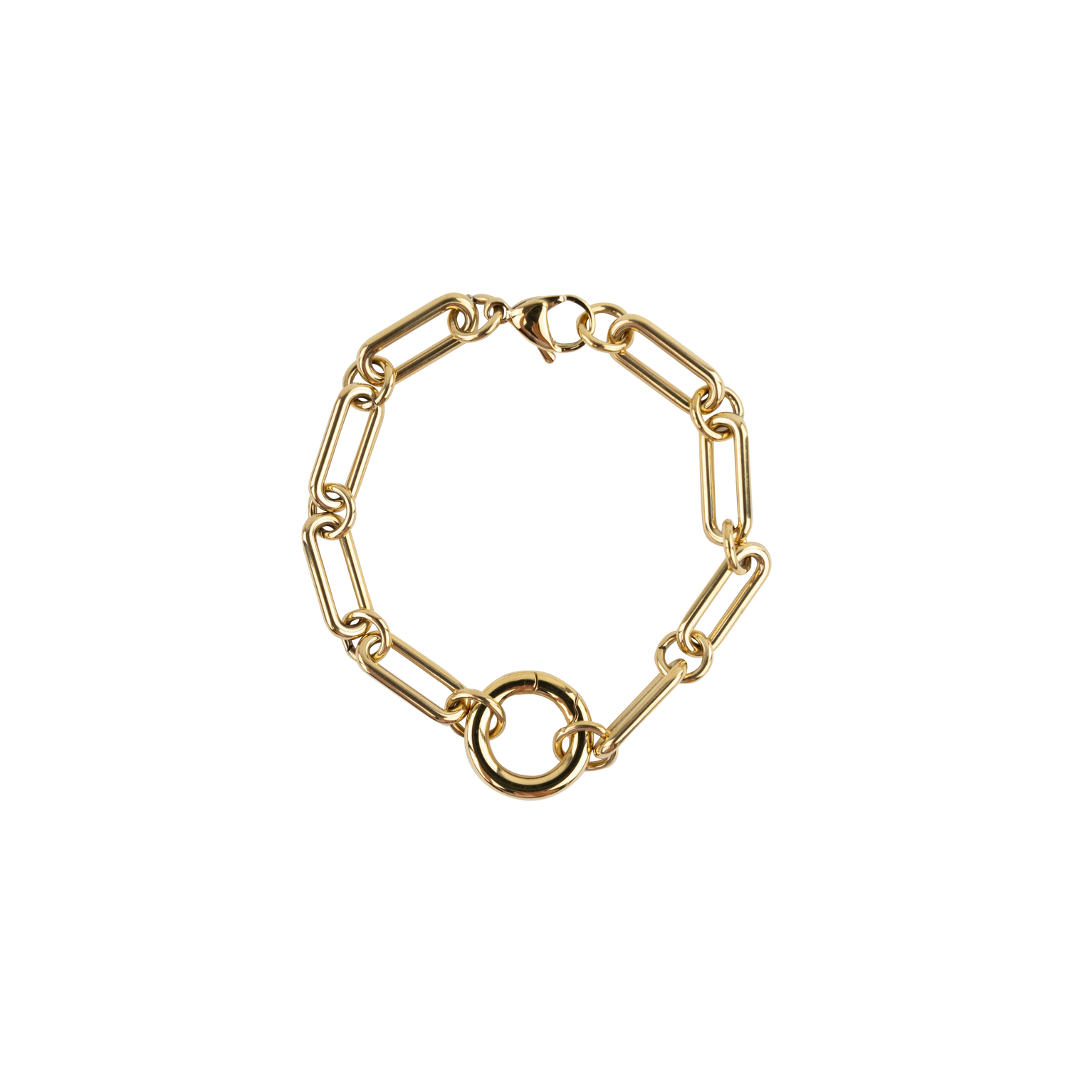 A gold paperclip chain bracelet with a central circular ring and a spring-ring clasp, displayed on a clean white background.